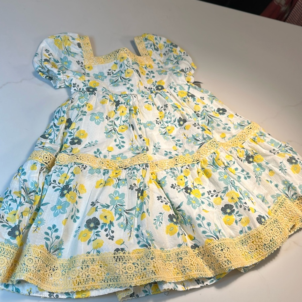 NWT Joie Girls White Yellow Floral Dress Size 3T with Matching Hair Bow Tie Set